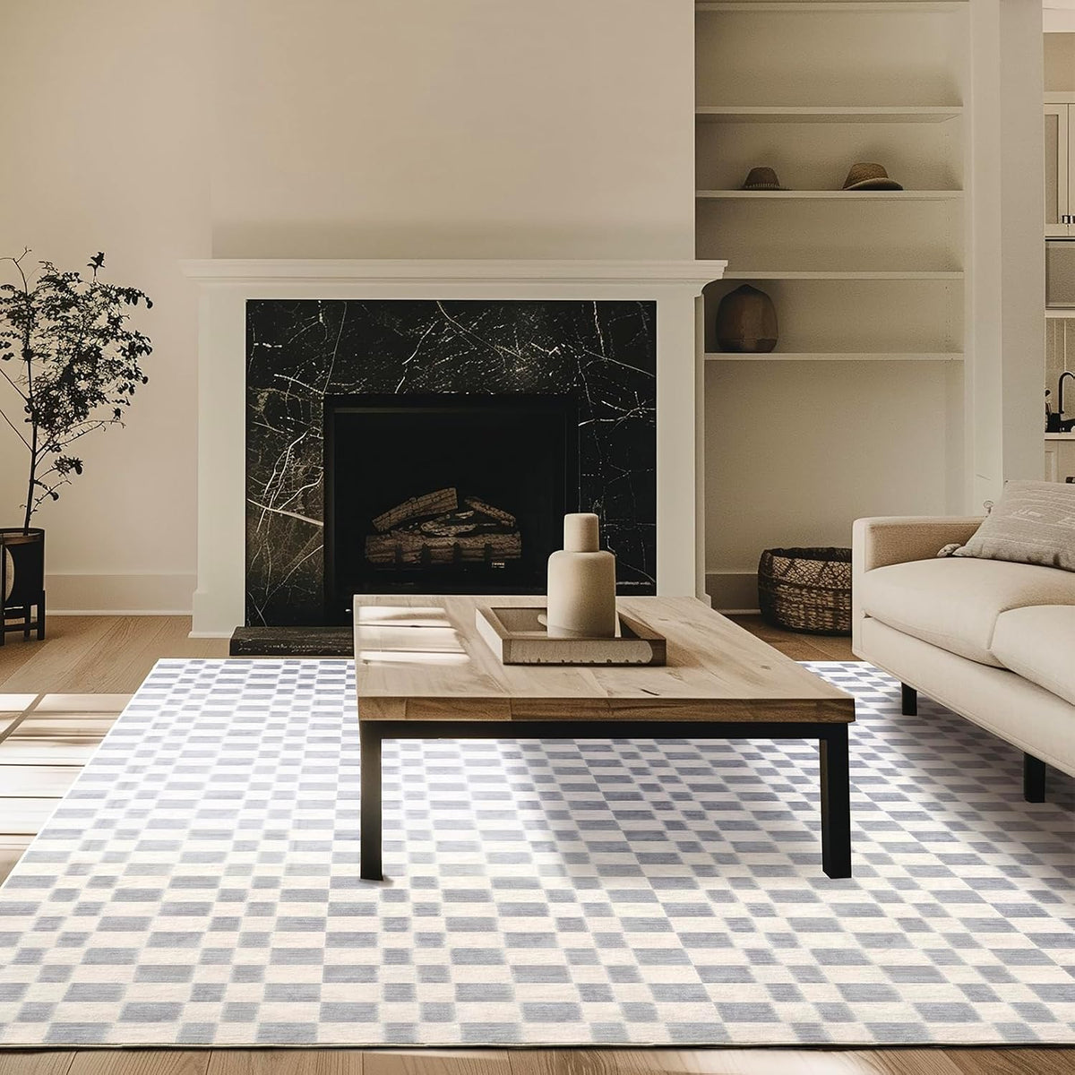 Checkered Plaid Area Rug 9x12, Soft Fuzzy Faux Wool Rugs Washable Anti Slip Rugs Large Rug Carpet for Entryway Bedroom Living Room Hallway Kitchen Dining Room and Laundry Room, Light Gray