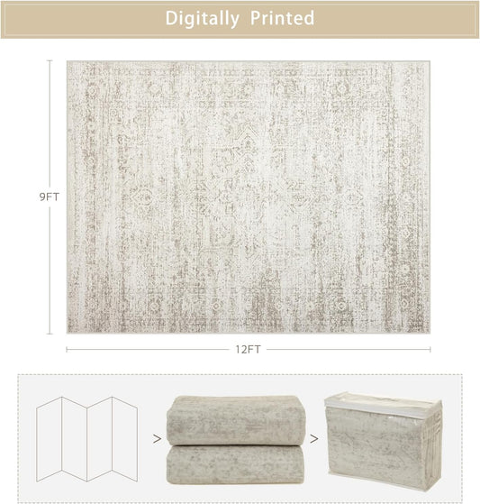 Washable Rugs 9x12 Area Rugs for Living Room,Rugs for Bedroom, Large Carpets,Ultra Soft Faux Wool Retro Dining Room Rug,Non Slip&Non-Shedding Low Pile Vintage Print Rug Indoor for Home Office