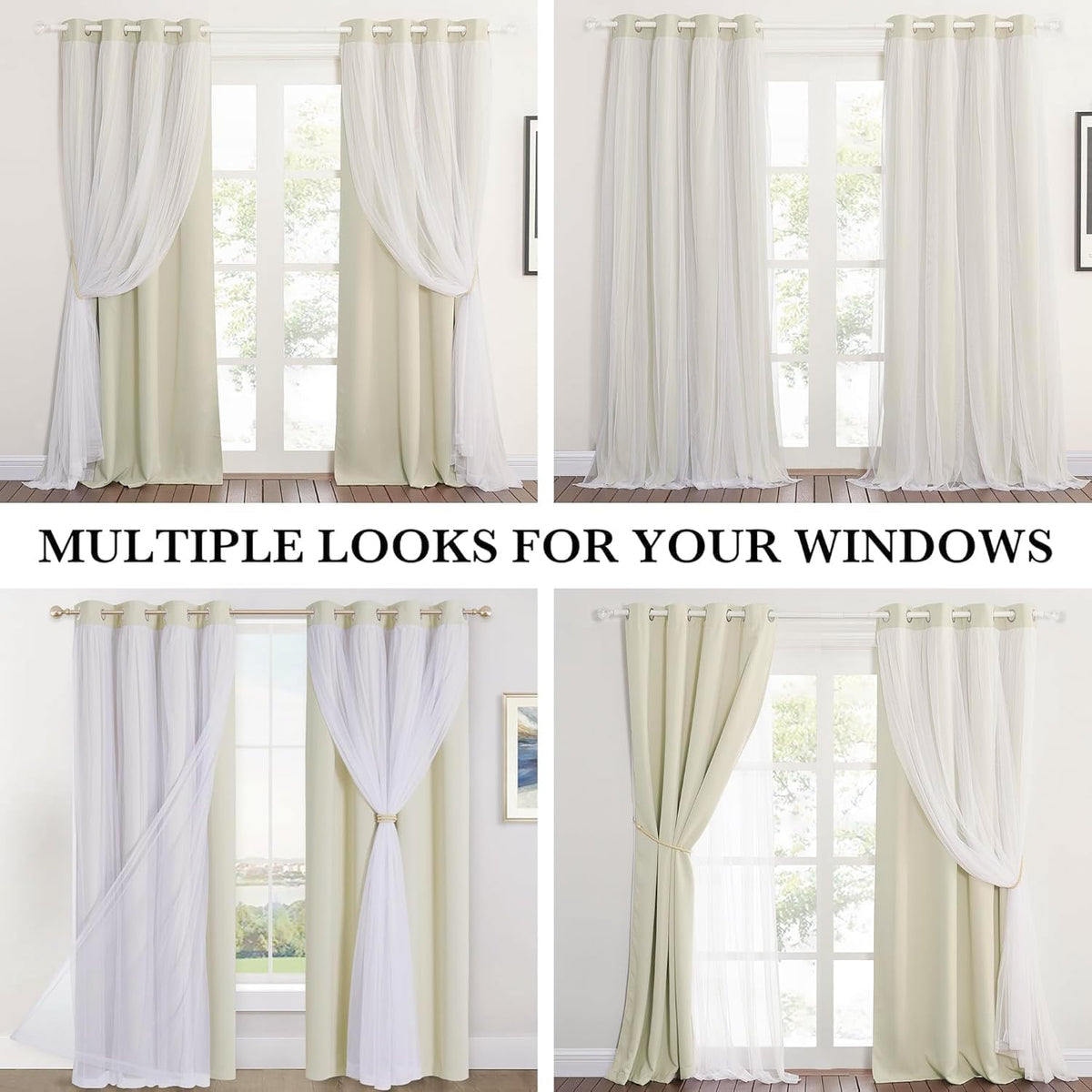 Double-Layered Curtains with White Sheer Solid Blackout Curtains 84 Inch Length Elegant Grommet Panels for Living Room/Sliding Glass Door (W52xL84, Beige, One Pair, with Tie-Backs)