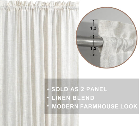 Linen Curtains 72 Inch Long for Living Room, Light Filtering Semi Sheer Rod Pocket Drapes for French Door Bedroom, Set of 2 Panels, Cream