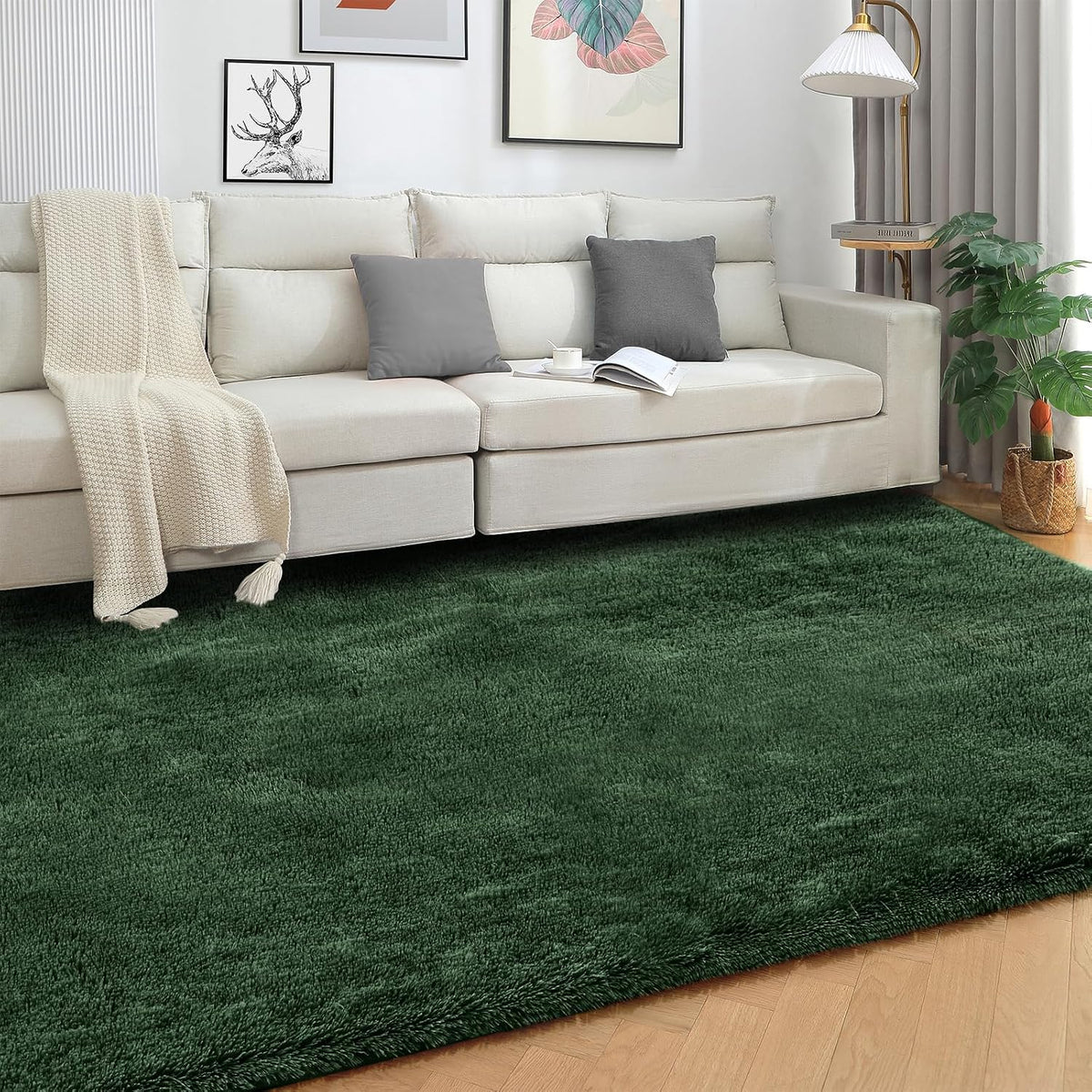 Area Rugs for Bedroom Living Room, 3x5 ft Solid Fluffy gy Dark Rug, Small Washable Non-Slip Soft Throw Carpet for Kids Nursery and Home Decor, Forest Green