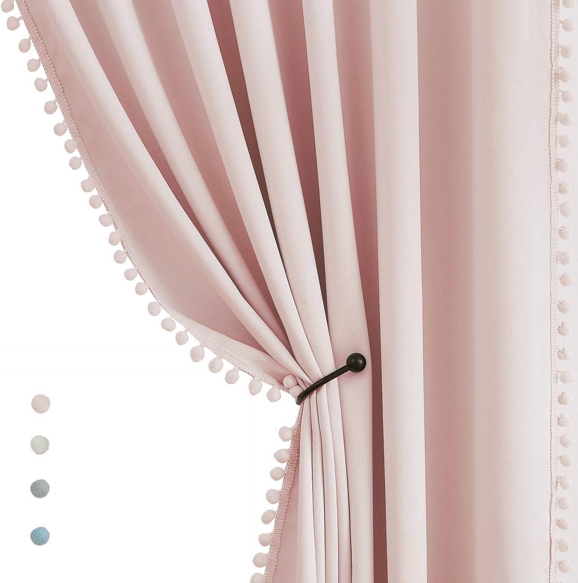 Pink Sliding Door Curtains 100x84inch Length 100% Blackout Extra Wide Pom Pom Room Divider Curtain Panels Thermal Insulated Patio Door Curtains for Kids Nursery Room 1 pc Blush Pink Grommet Top