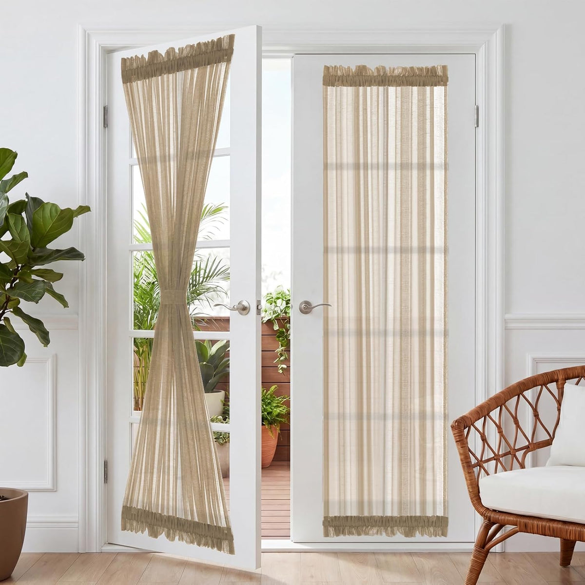 Linen French Door Curtains Privacy Light Reducing Door Curtain with Tieback Rod Pocket Curtain 1 Panel for Glass Door Feature Open Weave Textured Linen