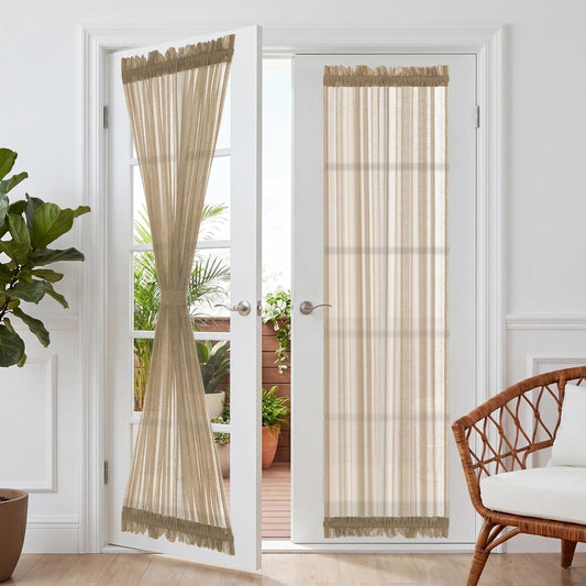 Linen French Door Curtains Privacy Light Reducing Door Curtain with Tieback Rod Pocket Curtain 1 Panel for Glass Door Feature Open Weave Textured Linen