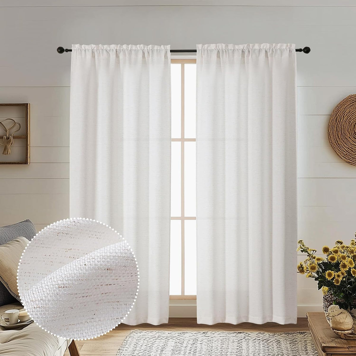 Natural Curtains 72 Inch Length 2 Panels Set for Living Room Bedroom, Light Filtering Faux Slub Textured Window Curtain Panels, Solid Airy Soft Rod Pocket French Door Drapes, 2 Pcs 40Wx72L
