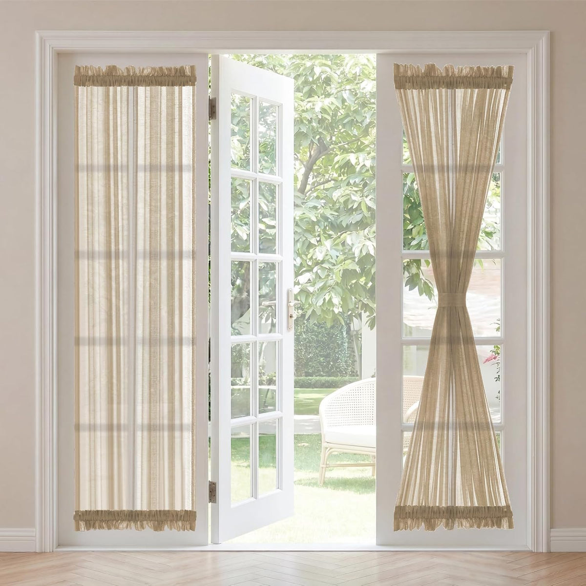 Linen French Door Curtains Privacy Light Reducing Door Curtain with Tieback Rod Pocket Curtain 1 Panel for Glass Door Feature Open Weave Textured Linen