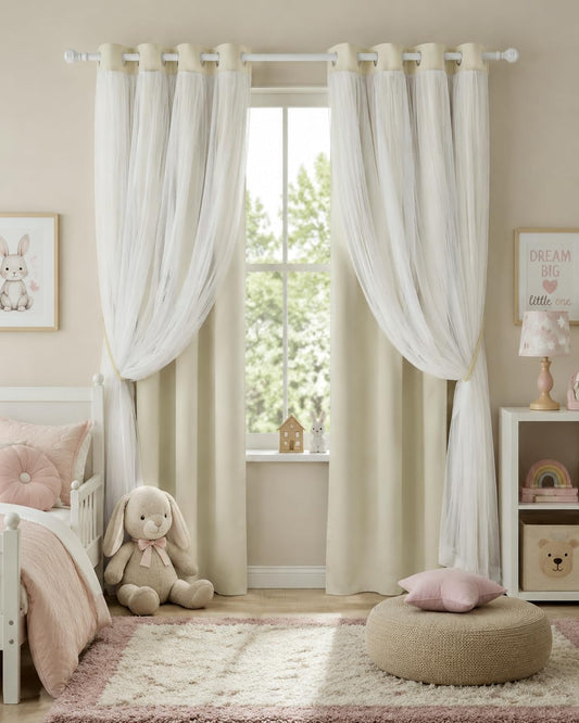 Double-Layered Curtains with White Sheer Solid Blackout Curtains 84 Inch Length Elegant Grommet Panels for Living Room/Sliding Glass Door (W52xL84, Beige, One Pair, with Tie-Backs)