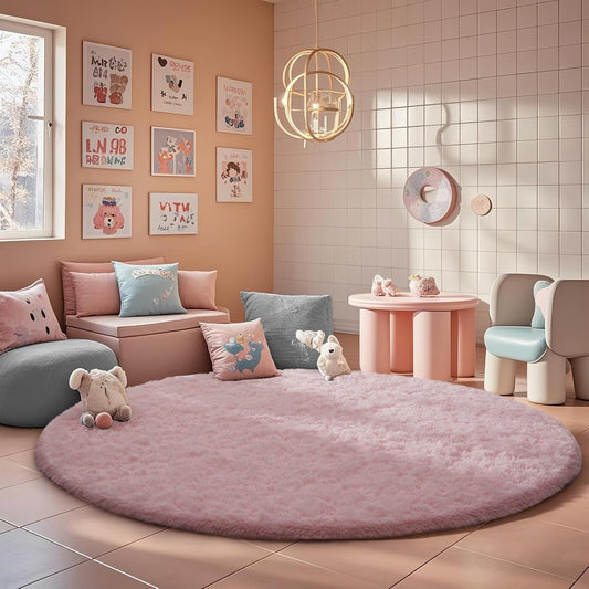 Round Rugs 7Ft Pink Circle Area Rug, Fluffy Fuzzy Bedroom Carpet, Plush Soft gy Indoor Floor Kawaii Living Room Rugs for Kids, Cute Room Decor for Teen Girls Home Decor Aesthetic, Nursery