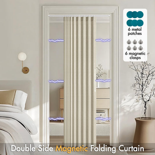 Accordion Style Magnetic Folding Door Curtains for Doorways/Closet, Room Divider Pleated Drapes with Hooks for Interior Living Room/Bedroom/Open Closet, Oatmeal, W39 x L78 inches, 1 Panel