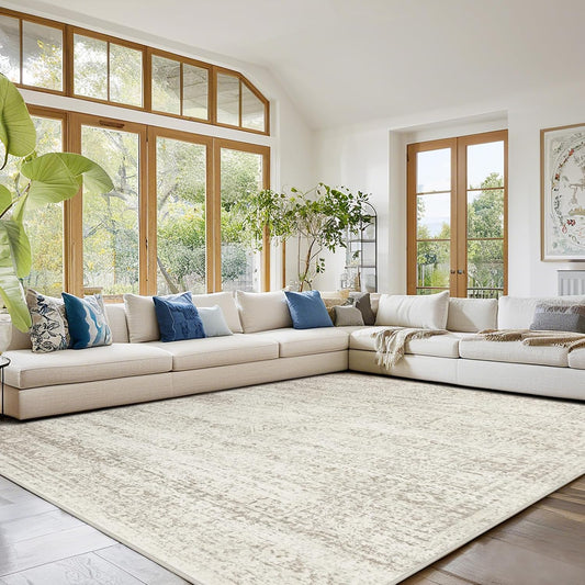 Washable Rugs 9x12 Area Rugs for Living Room,Rugs for Bedroom, Large Carpets,Ultra Soft Faux Wool Retro Dining Room Rug,Non Slip&Non-Shedding Low Pile Vintage Print Rug Indoor for Home Office