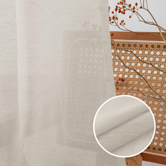 Elegant Linen French Door Curtains Light Filtering Curtain Panels Rod Pocket Linen Panel for Glass Door with Tie-Back Privacy Assured Semi Sheer Panel, 25" W by 72" L, 2 Panels, Natural