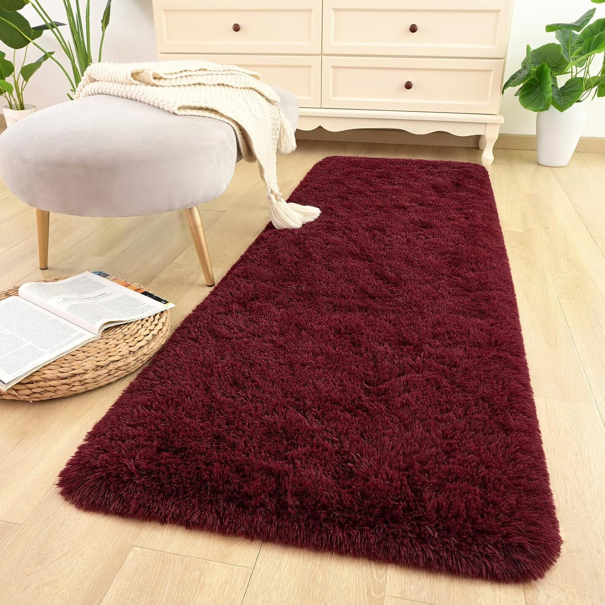 Soft Burgundy Red Runner Rugs for Bedroom Living Room, 2x6 Plush Fluffy Bedside Rug Carpets,  Furry Area Rugs for Nursery Kids Girls Boys Room Home Decor, Wine Red