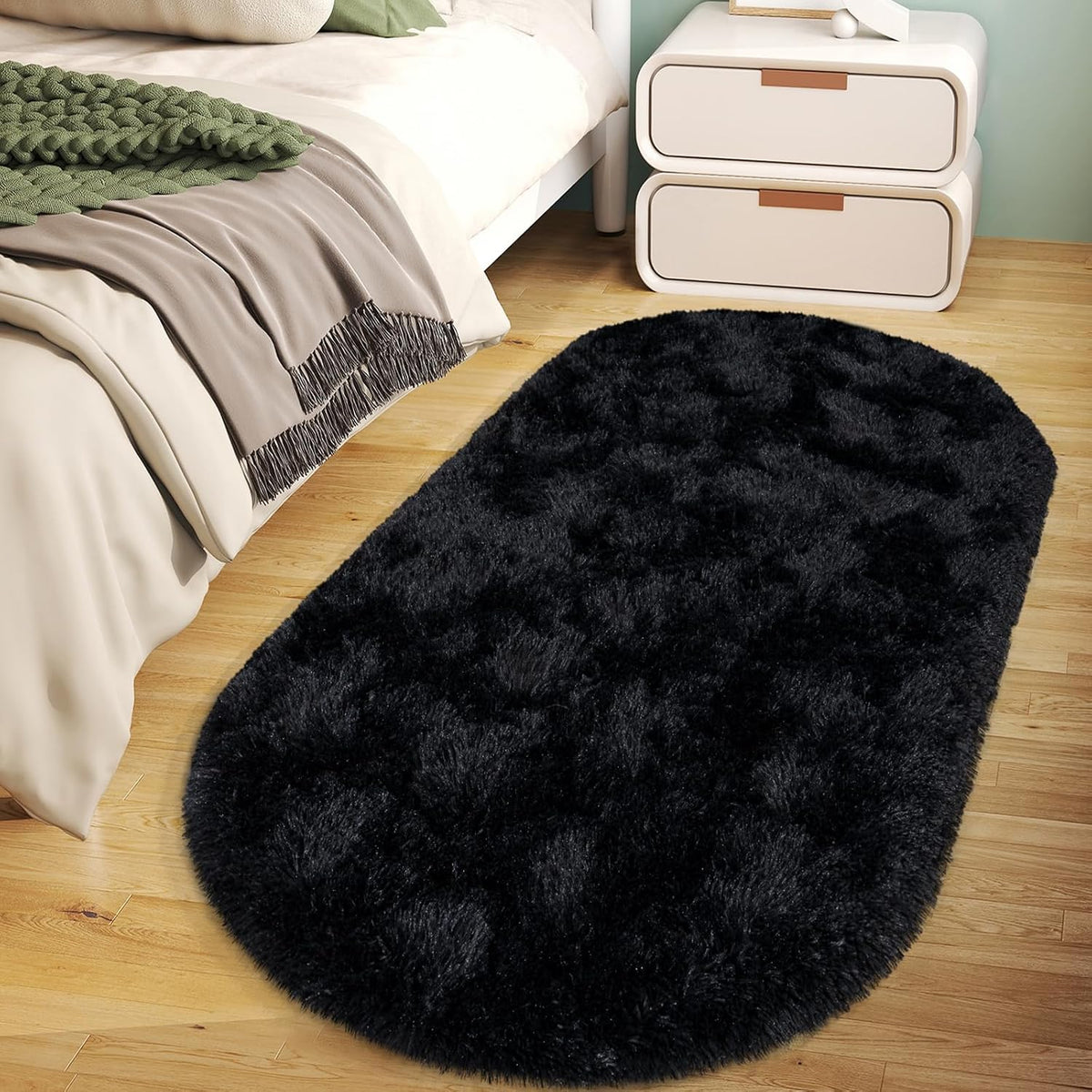 Soft Fluffy Area Rug for Bedroom, Black Fuzzy gy Oval Throw Rugs for Bedside, Non-Slip Cozy Plush  Carpet for Kids Room Nursery Dorm Living Room, 2.6 x 5.3 Feet