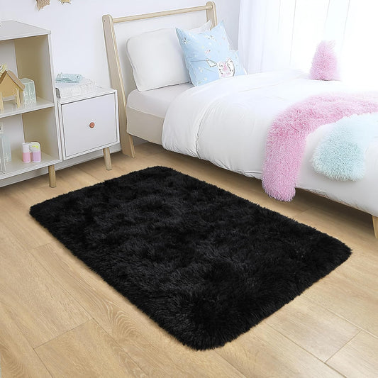 Washable, Non-Slip Area Rug, Small Fluffy Area Rugs gy Living Room Rug Soft Fuzzy  Carpet Bedside Rug Floor Mat for Nursery Bedroom Home Bedroom Aesthetic, 2x3 Feet,Black