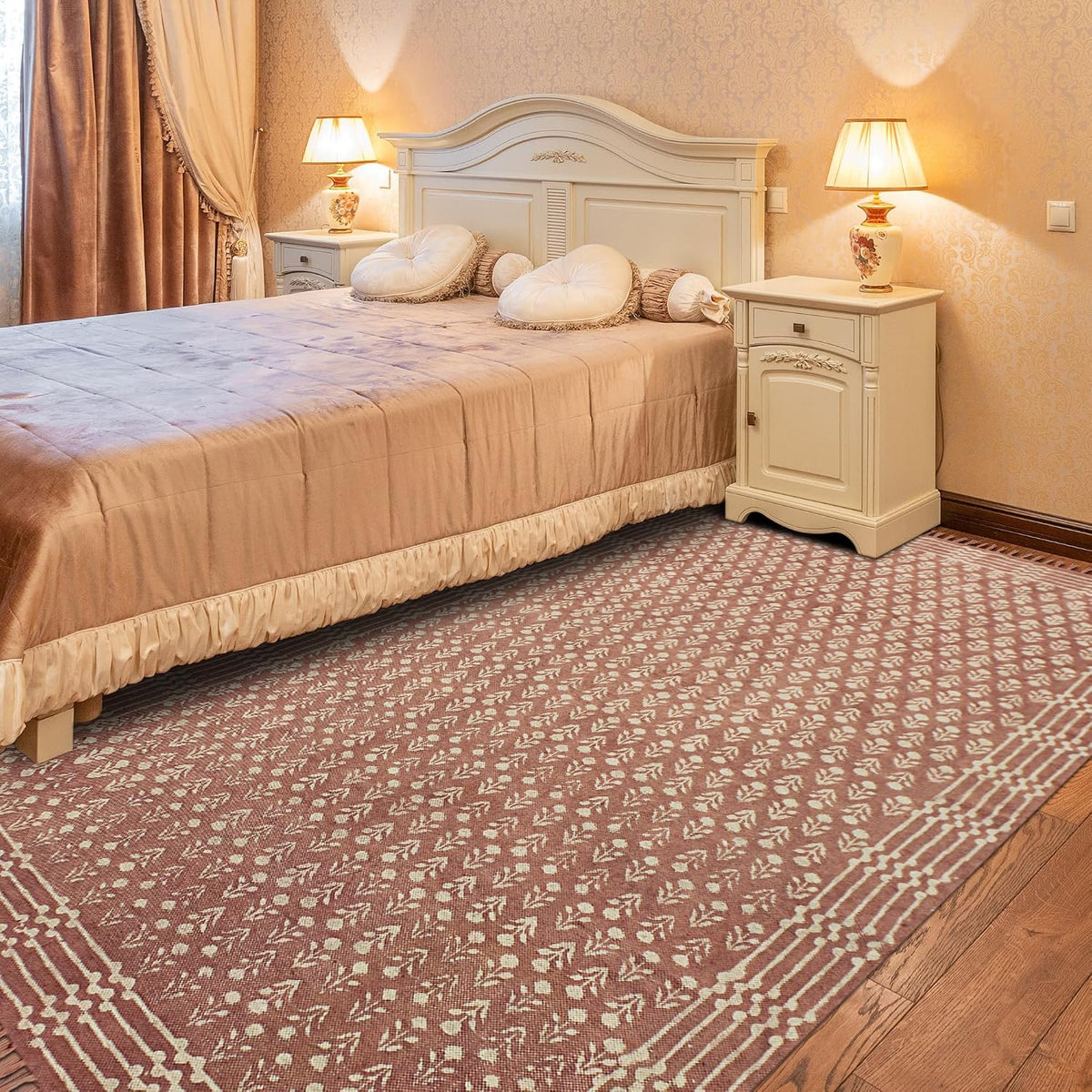 Area Rug 8x10  Rug Blue & Maroon & Beige  Bordered Thick 0.19 inches Stone Easy Washable Rug Hand Wash Cotton Carpet Flatweave Rug Indoor Outdoor Rugs for Living Room, Bedroom