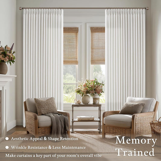 100 Inch Light Filtering Curtains for Sliding Glass Doors 2 Panels Set Pinch Pleated for Track System Farmhouse Boho Beige White Linen Curtain Privacy Semi Sheer Viral Window Drapes for Dining Room