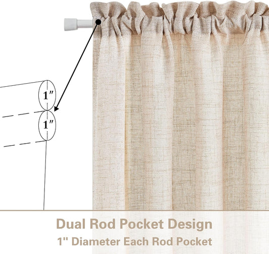 Linen Beige Sheer Curtains for Kitchen Window Bathroom French Door Curtains 2 Panels Dual Rod Pocket Semi Sheer Drapes for Glass Door with Tieback Privacy Light Filtering W25xL40