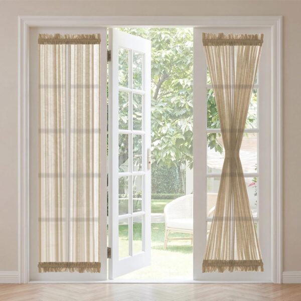 Linen French Door Curtains Privacy Light Reducing Door Curtain with Tieback Rod Pocket Curtain 1 Panel for Glass Door Feature Open Weave Textured Linen