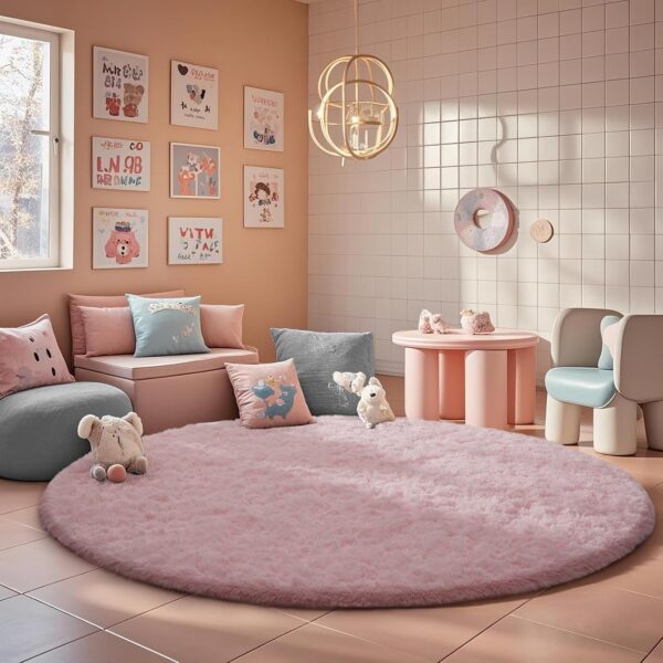 Round Rugs 7Ft Pink Circle Area Rug, Fluffy Fuzzy Bedroom Carpet, Plush Soft gy Indoor Floor Kawaii Living Room Rugs for Kids, Cute Room Decor for Teen Girls Home Decor Aesthetic, Nursery