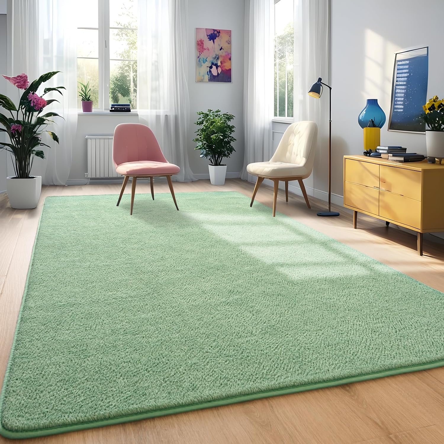 Sage Green Area Rugs for Bedroom Living Room, 5x7 Feet Indoor Memory Foam Rug, Modern Washable Rugs for Kids Boys Girls Room, Dorm Bedside Carpets for Home Decor