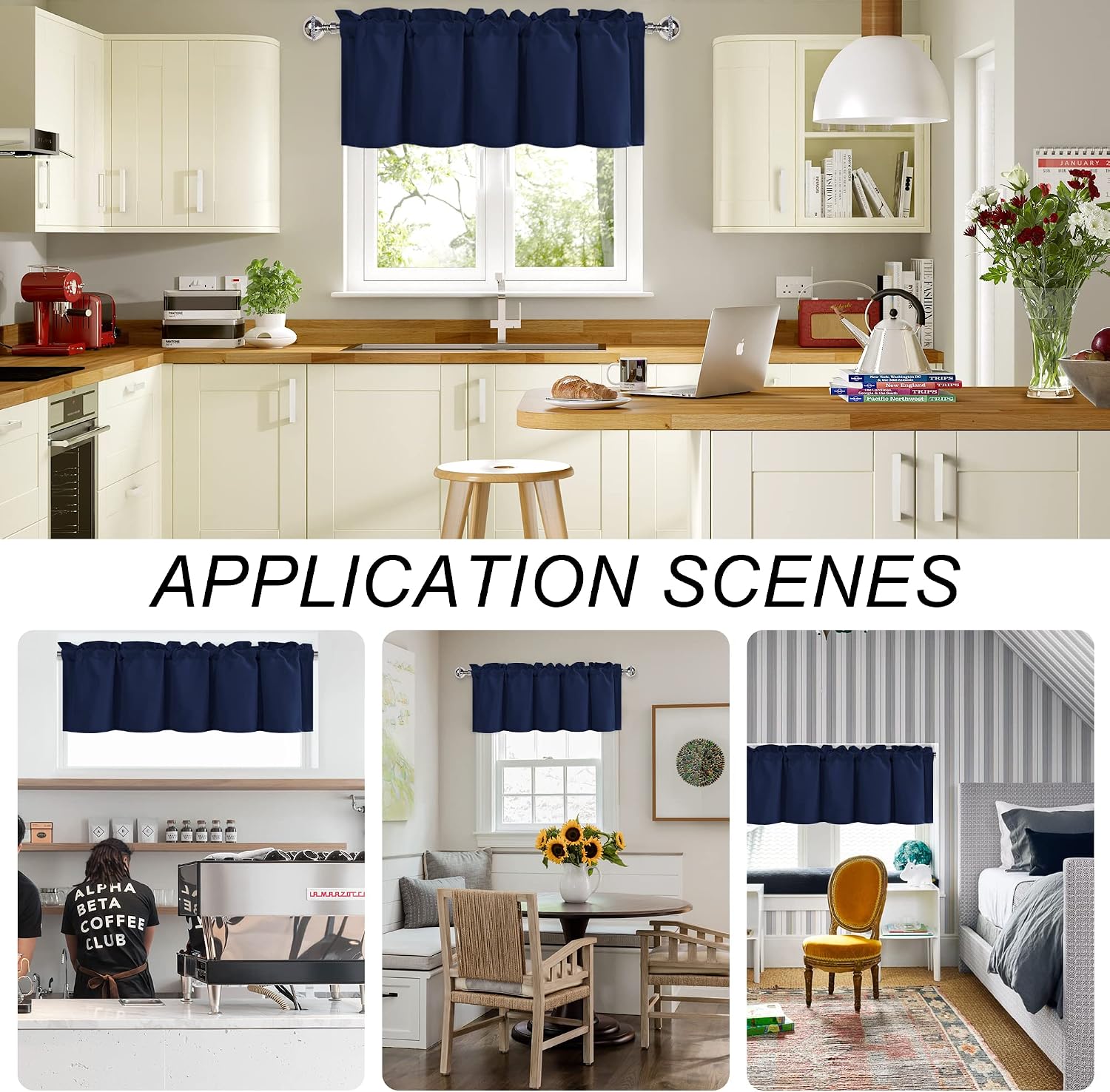 Valance Curtains for Living Room, Navy Valances for Small Window, Farmhouse Solid Short Topper 1 Panel, 42 X 18 Inch, Navy Blue Image 2