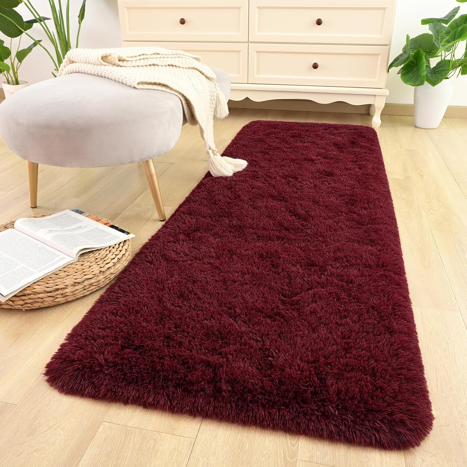 Soft Burgundy Red Runner Rugs for Bedroom Living Room, 2x6 Plush Fluffy Bedside Rug Carpets, Furry Area Rugs for Nursery Kids Girls Boys Room Home Decor, Wine Red Image 2