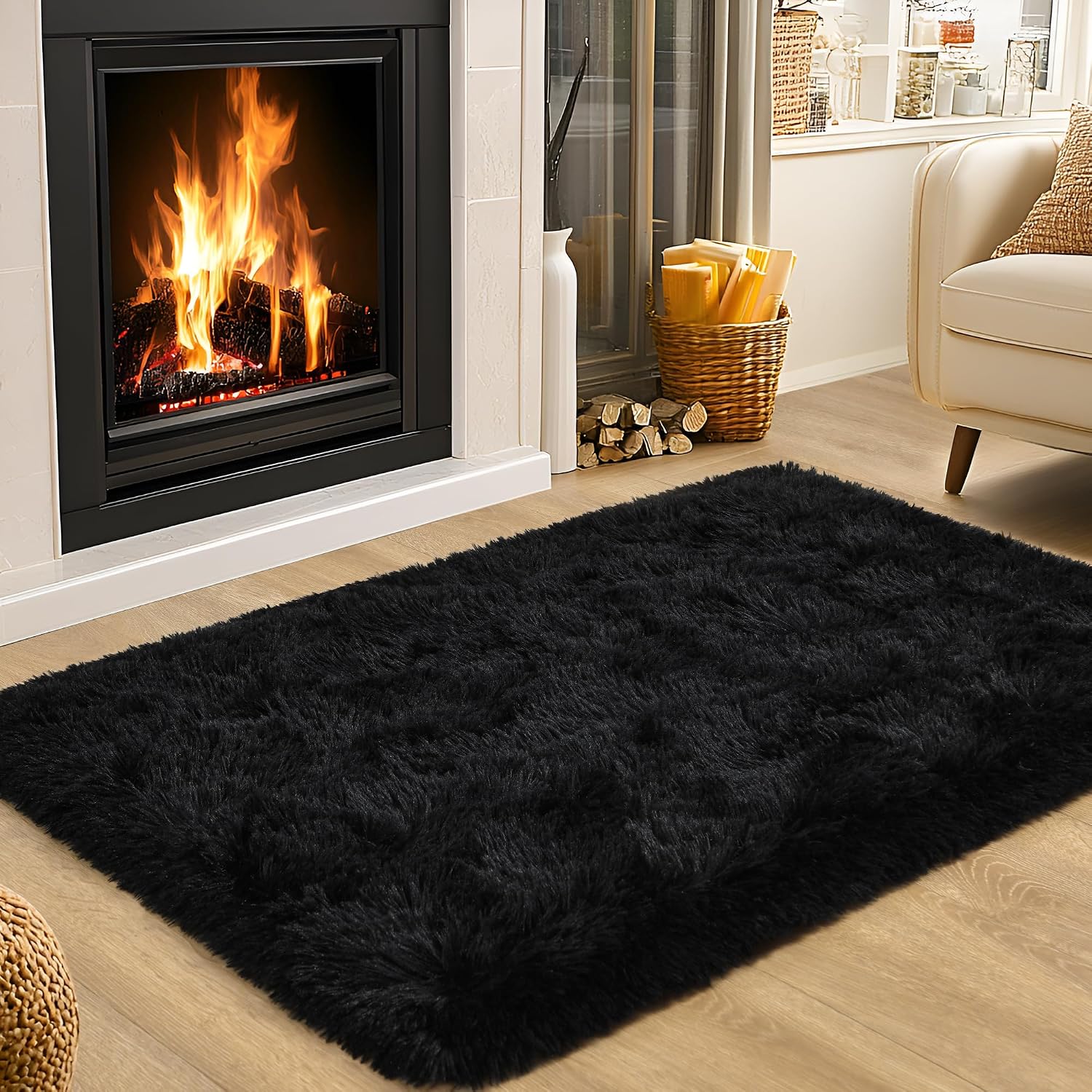 Washable, Non Slip Area Rug, Small Fluffy Area Rugs gy Living Room Rug Soft Fuzzy Carpet Bedside Rug Floor Mat for Nursery Bedroom Home Bedroom Aesthetic, 2x3 Feet,Black