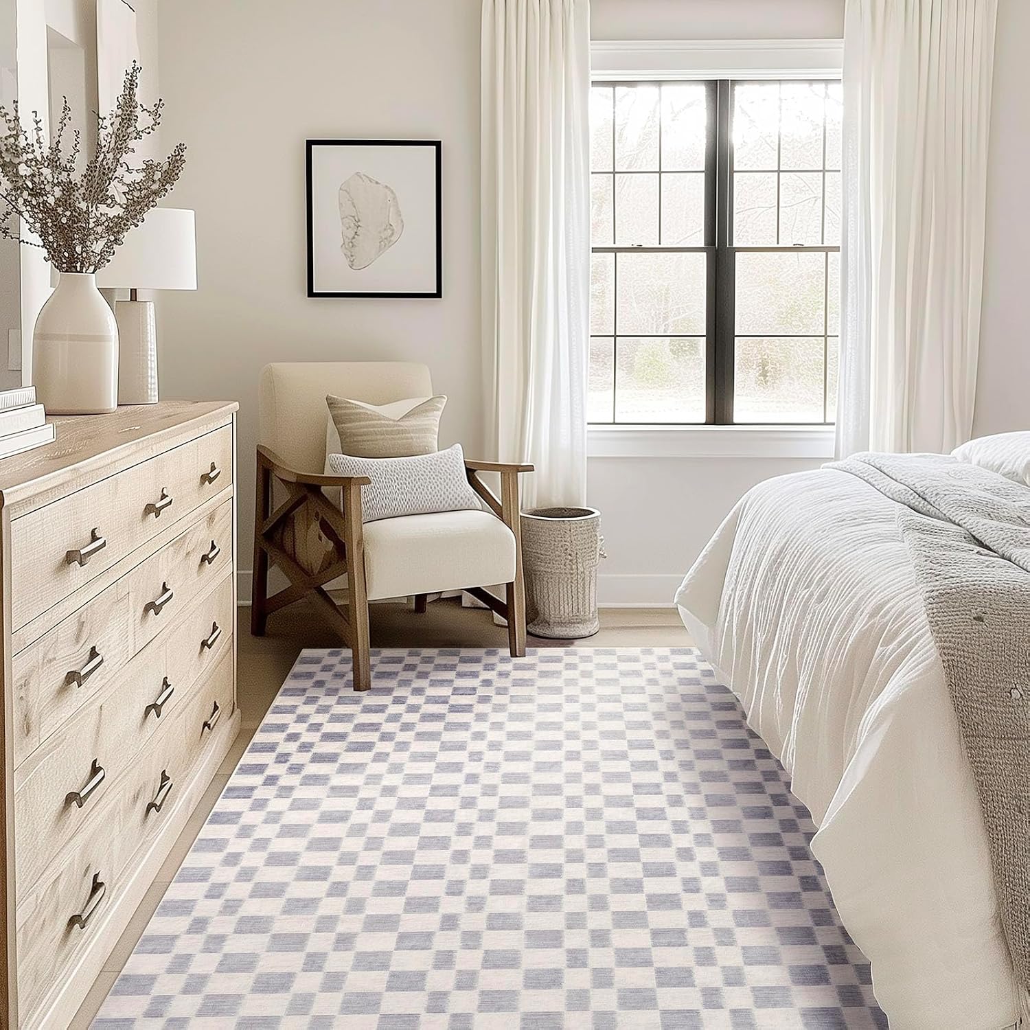 Checkered Plaid Area Rug 9x12, Soft Fuzzy Faux Wool Rugs Washable Anti Slip Rugs Large Rug Carpet for Entryway Bedroom Living Room Hallway Kitchen Dining Room and Laundry Room, Light Gray