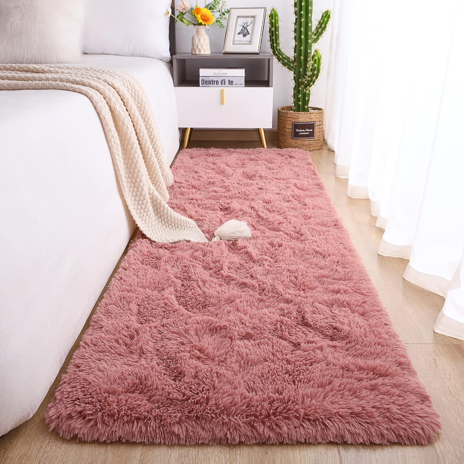 Soft Runner Rug for Bedroom Living Room Plush Fluffy Rug 2x8 Feet, Furry Runner Carpet Non Shedding for Nursery Children Kids Girls Room Home Decorative, Blush